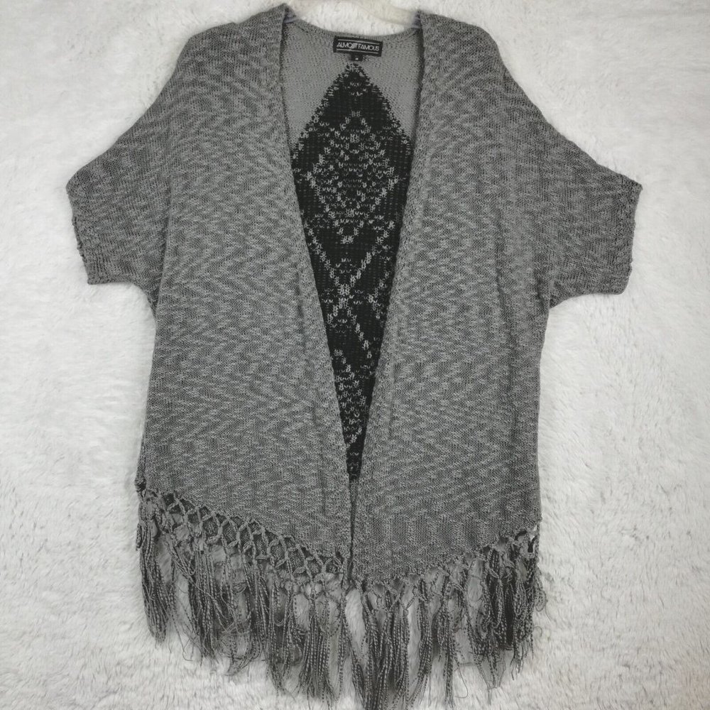 Almost Famous Womens Sweater Open Cardigan Acrylic Diamond Gray Knit Tassles M‎